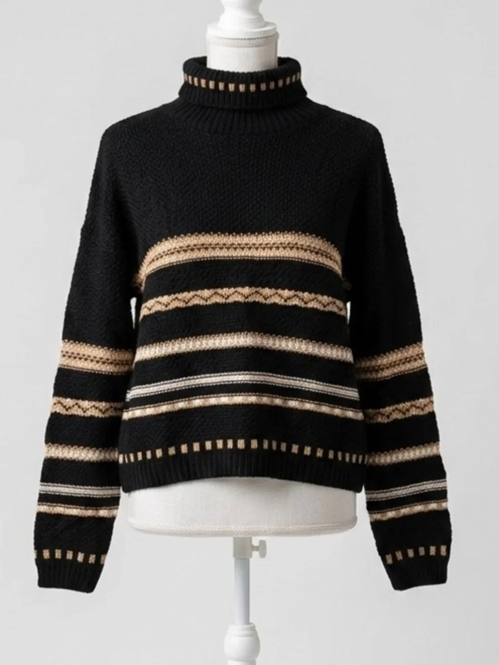 Vintage 90s Y2K Black Tan Striped Turtleneck Sweater Made in the USA Size Large